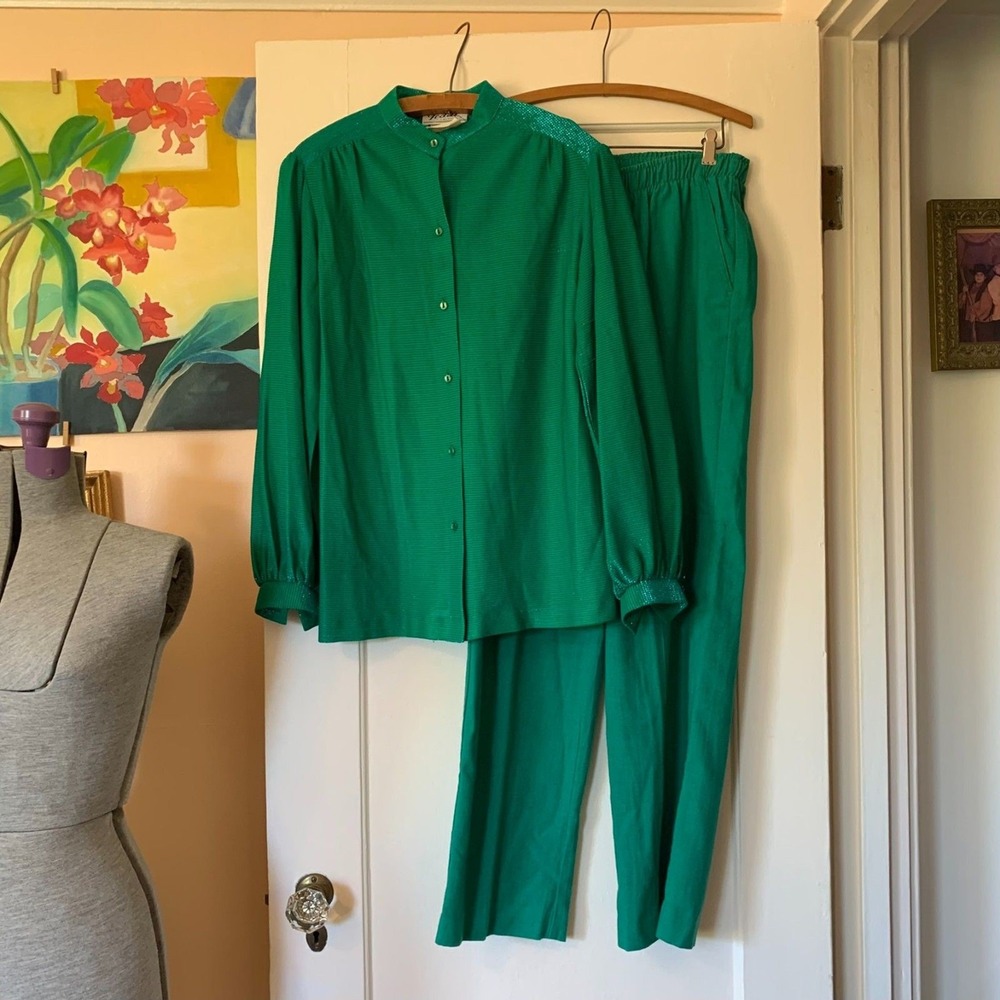 VTG 70s Teddi of California 2 PC Set Green Shimmer Lurex Top & Pull On Pants